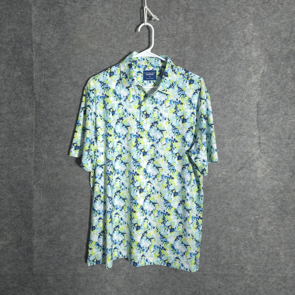 Bermuda Sands Polo Mens Medium Blue Green Abstract Floral Performance Stretch
